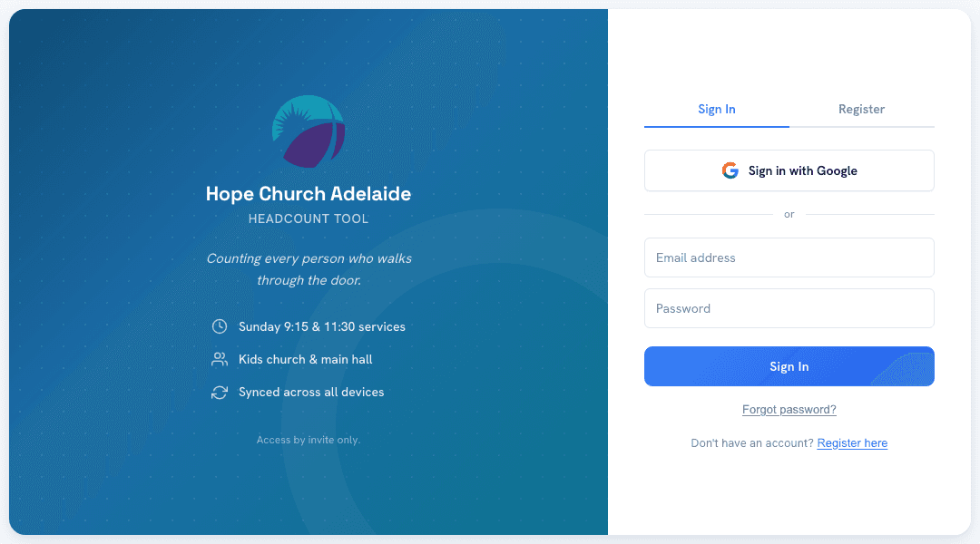The live Headcount sign-in screen for Hope Church Adelaide